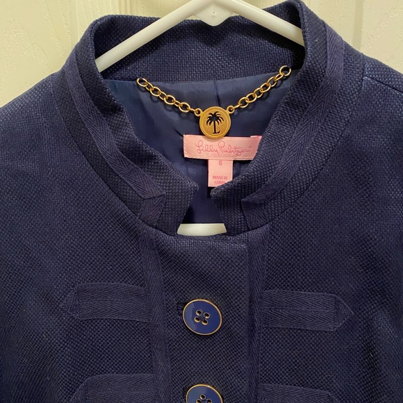 LILLY PULITZER Military Cropped Blazer Band Jacket Linen Cotton Navy Blue Career - Picture 3 of 16